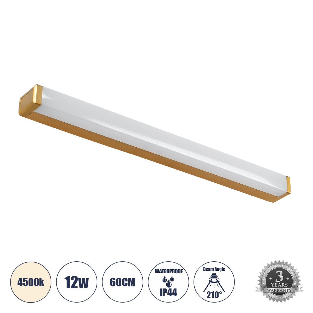 60443_0 GLOBOSTAR® RENATA 60443 Μοντέρνο Φωτιστικό Τοίχου - Απλίκα Καθρέπτη Μπάνιου LED 12W 1400lm 210° AC 220-240V IP44 Φυσικό Λευκό 4500K - Lumileds SMD Chip & TÜV SÜD Driver - Χρυσό Βούρτσας - Μ60 x Π4 x Υ5.5cm - 3 Χρόνια Εγγύηση - Image 1