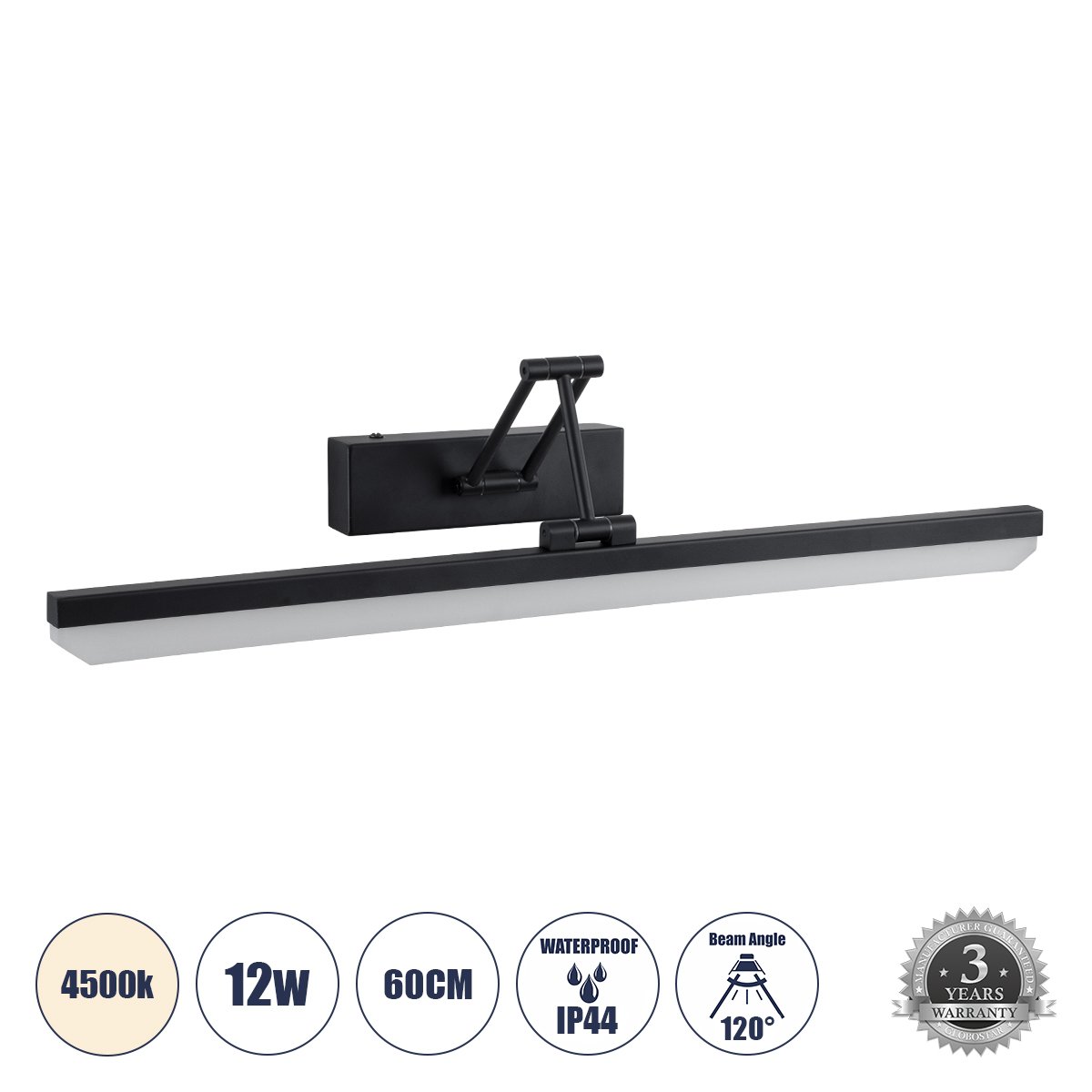 60446_0 GLOBOSTAR® MARA 60446 Μοντέρνο Φωτιστικό Τοίχου - Απλίκα Καθρέπτη Μπάνιου LED 12W 1400lm 120° AC 220-240V IP44 Φυσικό Λευκό 4500K - Lumileds SMD Chip & TÜV SÜD Driver - Μαύρο Ματ - Μ60 x Π15 x Υ13cm - 3 Χρόνια Εγγύηση - Image 1