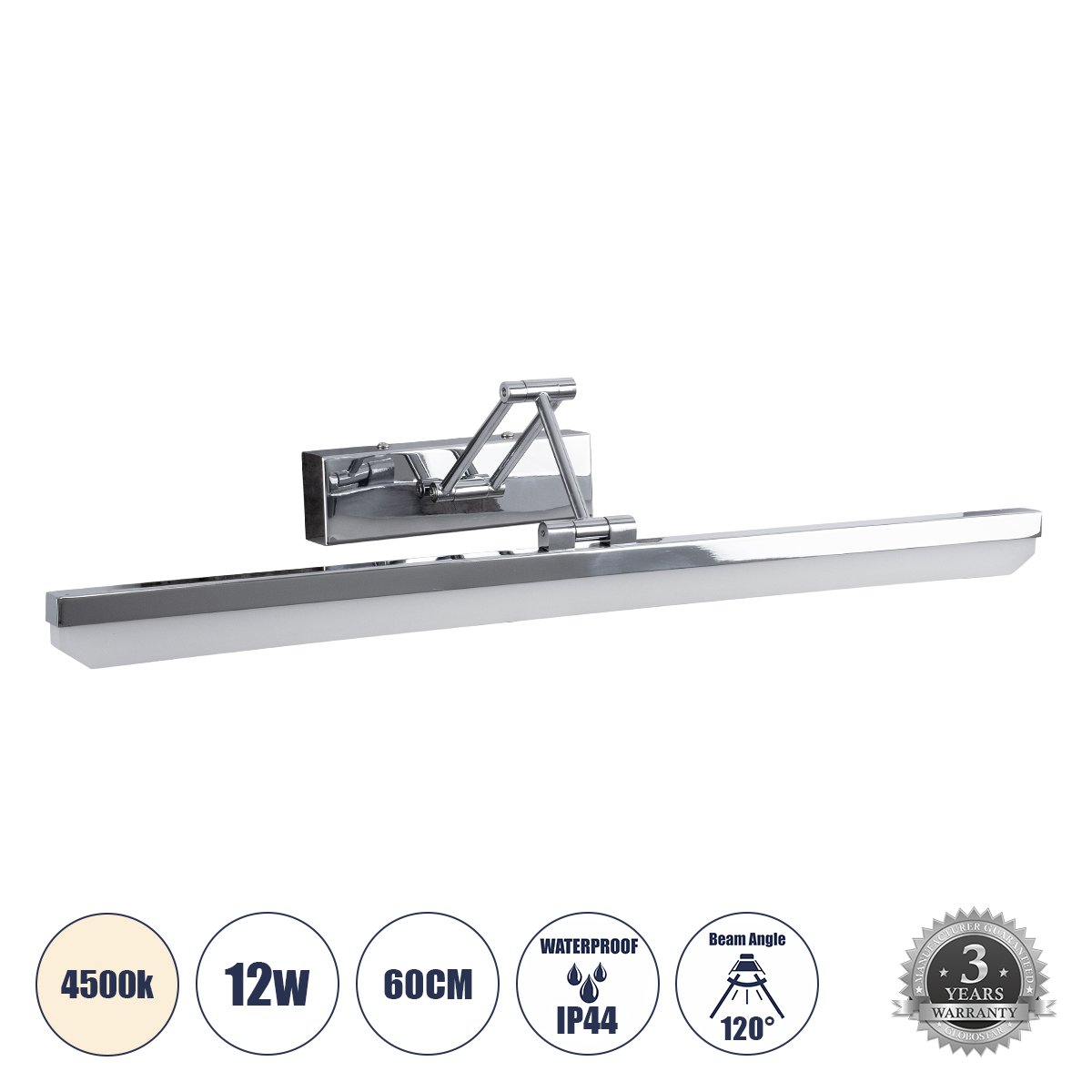 60447_0 GLOBOSTAR® MARA 60447 Μοντέρνο Φωτιστικό Τοίχου - Απλίκα Καθρέπτη Μπάνιου LED 12W 1400lm 120° AC 220-240V IP44 Φυσικό Λευκό 4500K - Lumileds SMD Chip & TÜV SÜD Driver - Νίκελ Χρώμιο - Μ60 x Π15 x Υ13cm - 3 Χρόνια Εγγύηση - Image 1