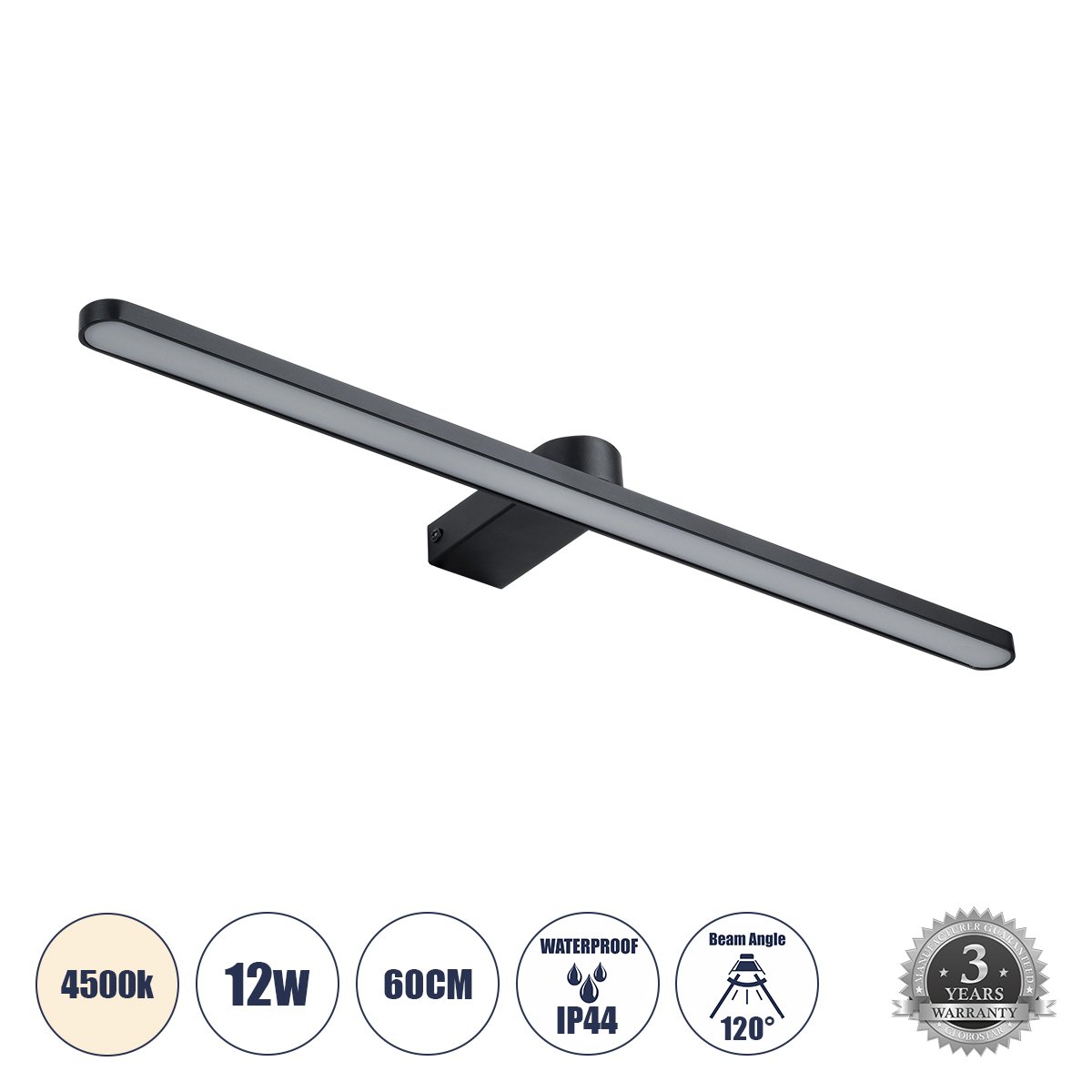 60448_0 GLOBOSTAR® MEGAN 60448 Μοντέρνο Φωτιστικό Τοίχου - Απλίκα Καθρέπτη Μπάνιου LED 12W 1400lm 120° AC 220-240V IP44 Φυσικό Λευκό 4500K - Lumileds SMD Chip & TÜV SÜD Driver - Μαύρο Ματ - Μ60 x Π12 x Υ4cm - 3 Χρόνια Εγγύηση - Image 1