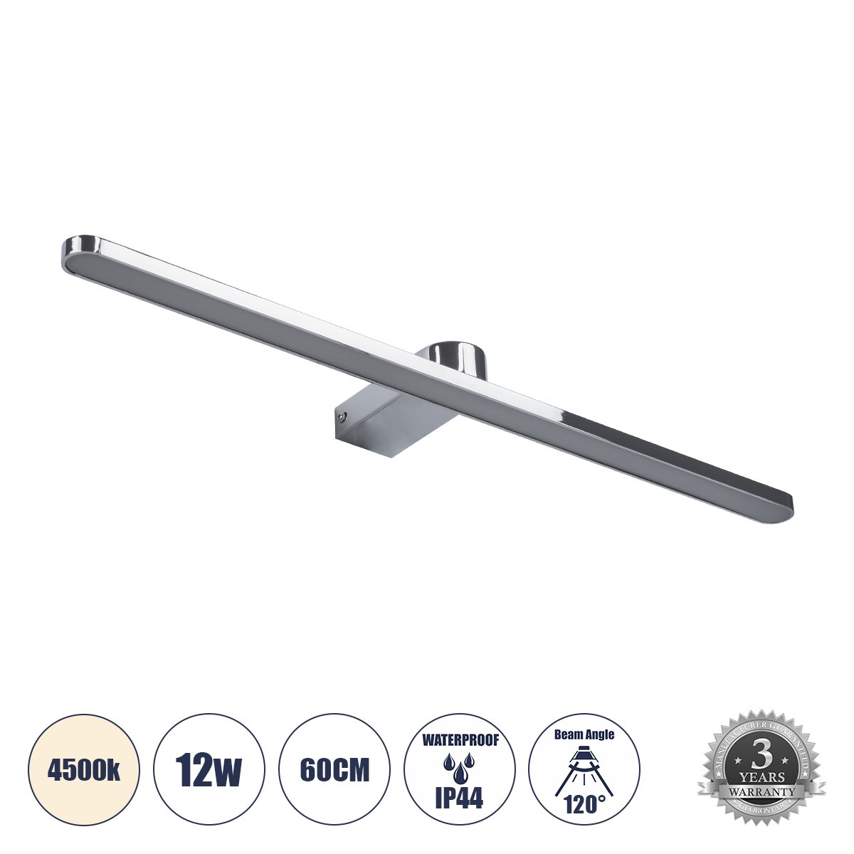 60449_0 GLOBOSTAR® MEGAN 60449 Μοντέρνο Φωτιστικό Τοίχου - Απλίκα Καθρέπτη Μπάνιου LED 12W 1400lm 120° AC 220-240V IP44 Φυσικό Λευκό 4500K - Lumileds SMD Chip & TÜV SÜD Driver - Νίκελ Χρώμιο - Μ60 x Π12 x Υ4cm - 3 Χρόνια Εγγύηση - Image 1