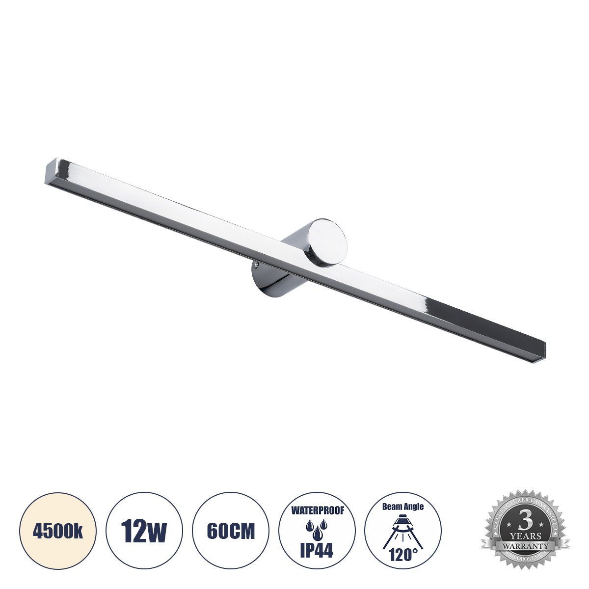 60451_0 GLOBOSTAR® ROSA 60451 Μοντέρνο Φωτιστικό Τοίχου - Απλίκα Καθρέπτη Μπάνιου LED 12W 1400lm 120° AC 220-240V IP44 Φυσικό Λευκό 4500K - Lumileds SMD Chip & TÜV SÜD Driver - Νίκελ Χρώμιο - Μ60 x Π15 x Υ7cm - 3 Χρόνια Εγγύηση - Image 1