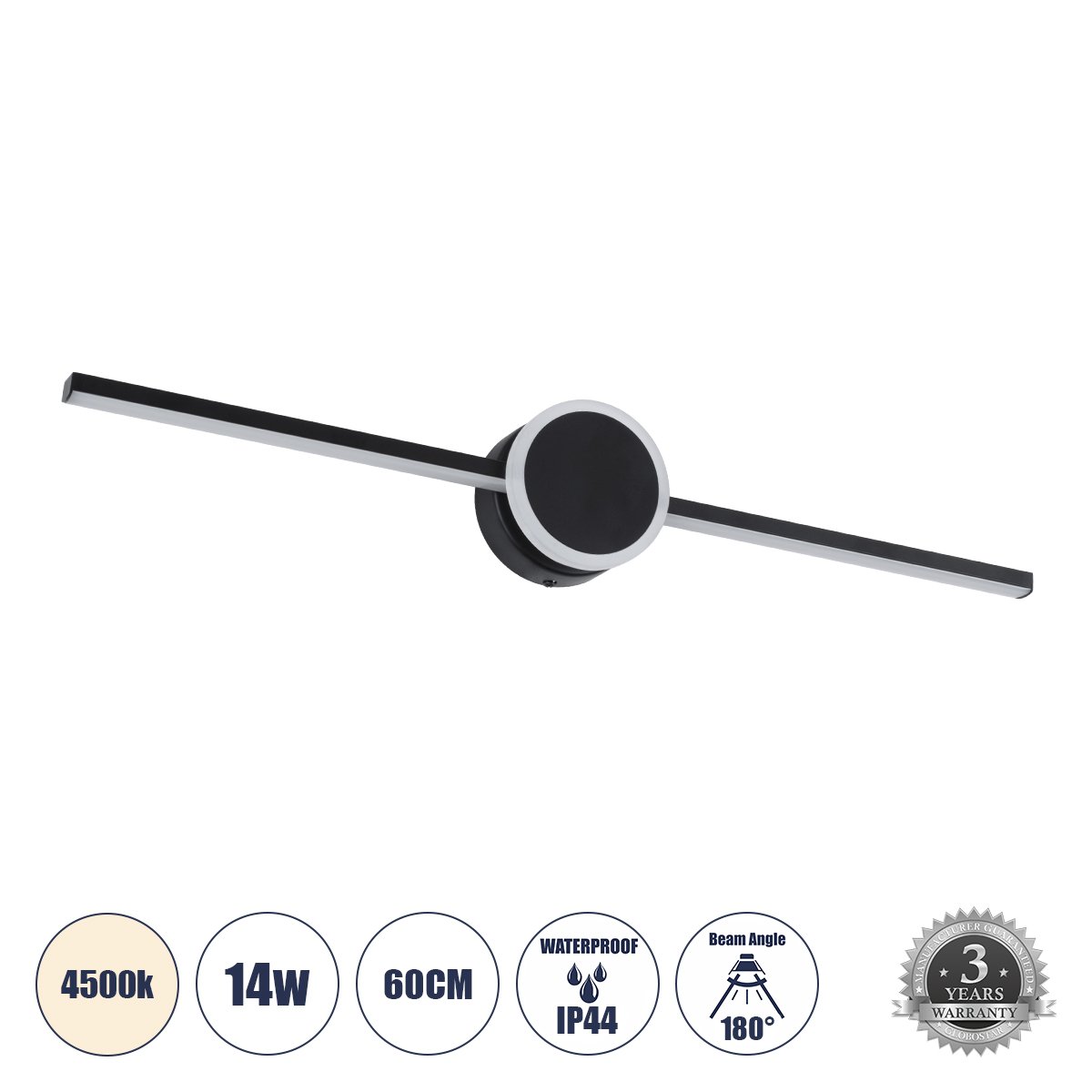 60454_0 GLOBOSTAR® OPAL 60454 Μοντέρνο Φωτιστικό Τοίχου - Απλίκα Καθρέπτη Μπάνιου LED 14W 1600lm 180° AC 220-240V IP44 Φυσικό Λευκό 4500K - Lumileds SMD Chip & TÜV SÜD Driver - Μαύρο Ματ - Μ60 x Π6 x Υ10cm - 3 Χρόνια Εγγύηση - Image 1