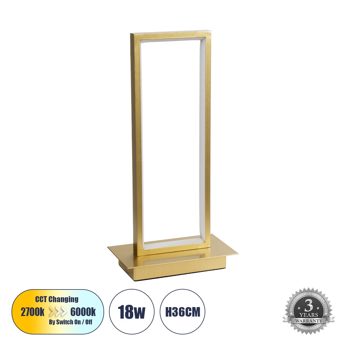 60462_00 GLOBOSTAR® CORNELIE 60462 Μοντέρνο Επιτραπέζιο Φωτιστικό LED CCT 18W 1980lm 200° AC 220-240V IP20 Ρυθμιζόμενο Λευκό CCT με On/Off 2700K/4500K/6000K - Lumileds SMD Chip - Χρυσό - Μ18 x Π10 x Υ36cm - 3 Χρόνια Εγγύηση - Image 1