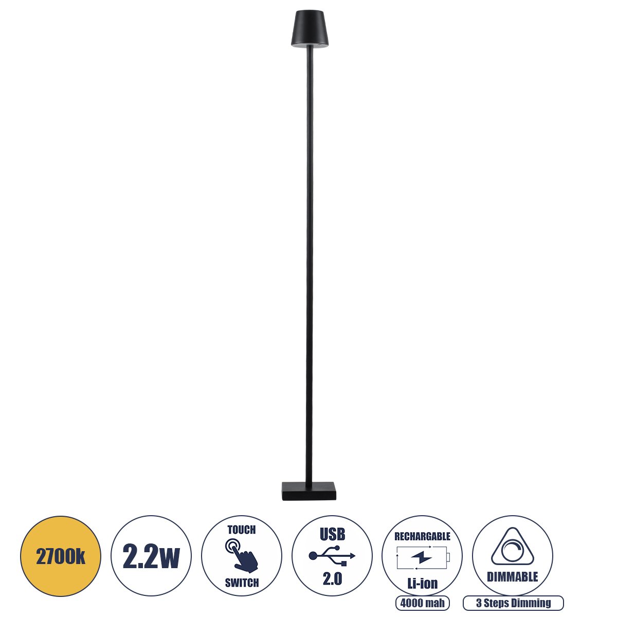 60477_0 GLOBOSTAR® NEGA 60477 Μοντέρνο Επιδαπέδιο Φωτιστικό LED 2.2W 154lm 360° DC 5V με USB 2.0 με Επαναφορτιζόμενη Μπαταρία Li-ion 3.7V 4000mAh IP44 Θερμό Λευκό 2700K με Αφή Dimmable - Lumileds SMD Chip - Μαύρο - Μ10 x Π10 x Υ135cm - 2 Χρόνια Εγγύηση - Image 1