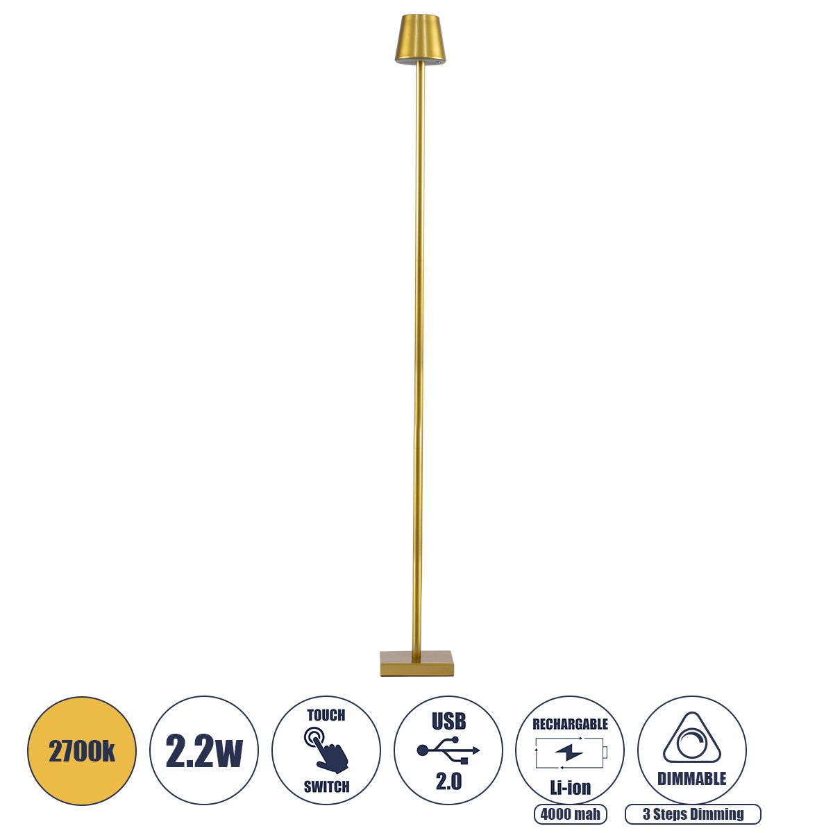 60479_0 GLOBOSTAR® NEGA 60479 Μοντέρνο Επιδαπέδιο Φωτιστικό LED 2.2W 154lm 360° DC 5V με USB 2.0 με Επαναφορτιζόμενη Μπαταρία Li-ion 3.7V 4000mAh IP44 Θερμό Λευκό 2700K με Αφή Dimmable - Lumileds SMD Chip - Χρυσό Πλατίνα - Μ10 x Π10 x Υ135cm - 2 Χρόνια Εγγύηση - Image 1