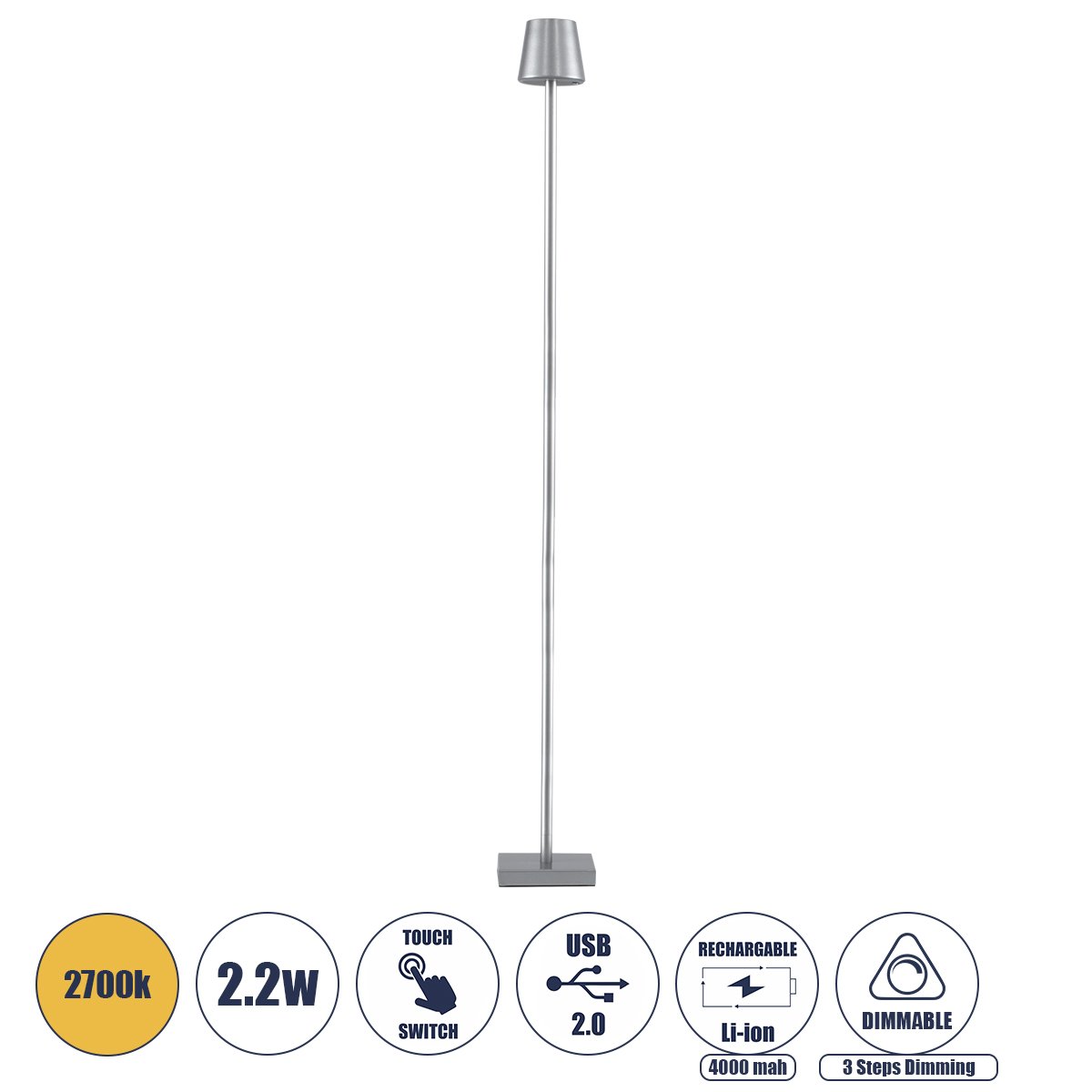 60480_0 GLOBOSTAR® NEGA 60480 Μοντέρνο Επιδαπέδιο Φωτιστικό LED 2.2W 154lm 360° DC 5V με USB 2.0 με Επαναφορτιζόμενη Μπαταρία Li-ion 3.7V 4000mAh IP44 Θερμό Λευκό 2700K με Αφή Dimmable - Lumileds SMD Chip - Ασημί - Μ10 x Π10 x Υ135cm - 2 Χρόνια Εγγύηση - Image 1