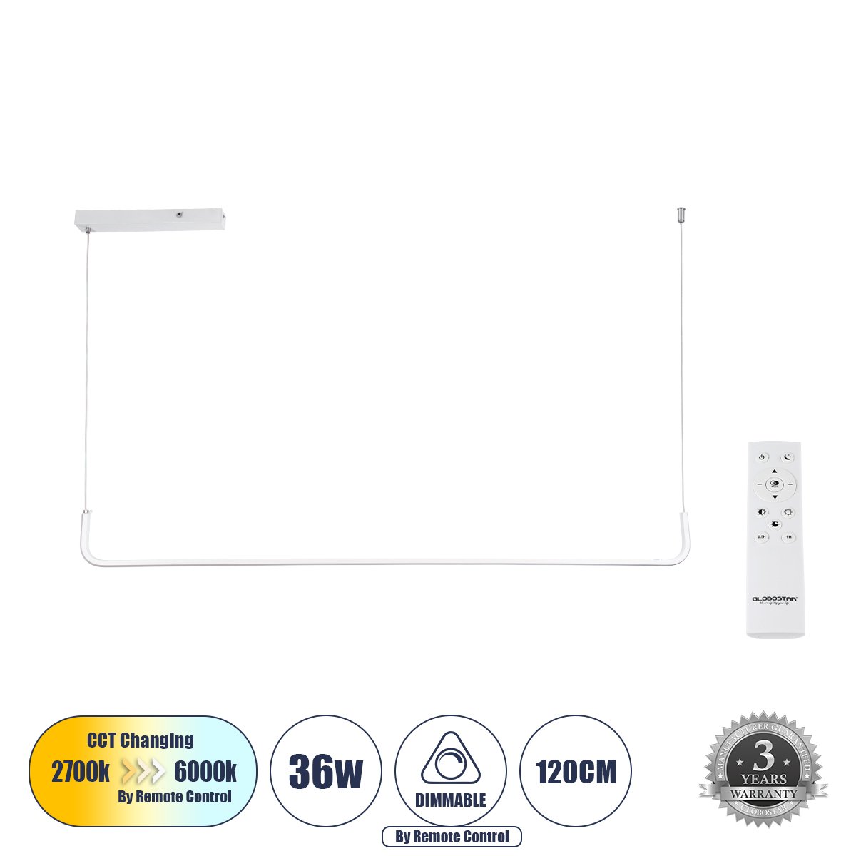 60922_0 GLOBOSTAR® LINARIA 60922 Μοντέρνο Κρεμαστό Φωτιστικό Οροφής LED 36W 4150lm 200° AC 220-240V IP20 Ρυθμιζόμενο Λευκό CCT με Χειριστήριο από 2700K έως 6000K Dimmable - Lumileds SMD Chip - Λευκό Ματ - Μ120 x Π2 x Υ10cm - 3 Χρόνια Εγγύηση - Image 1