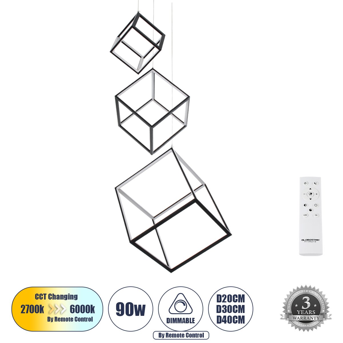 60931_0_ GLOBOSTAR® KIBOO-TRIO 60931 Μοντέρνο Κρεμαστό Φωτιστικό Οροφής LED 90W 10350lm 360° AC 220-240V IP20 Ρυθμιζόμενο Λευκό CCT με Χειριστήριο από 2700K έως 6000K Dimmable - Lumileds SMD Chip - Μαύρο Ματ - Μ60 x Π60 x Υ80cm - 3 Χρόνια Εγγύηση - Image 1