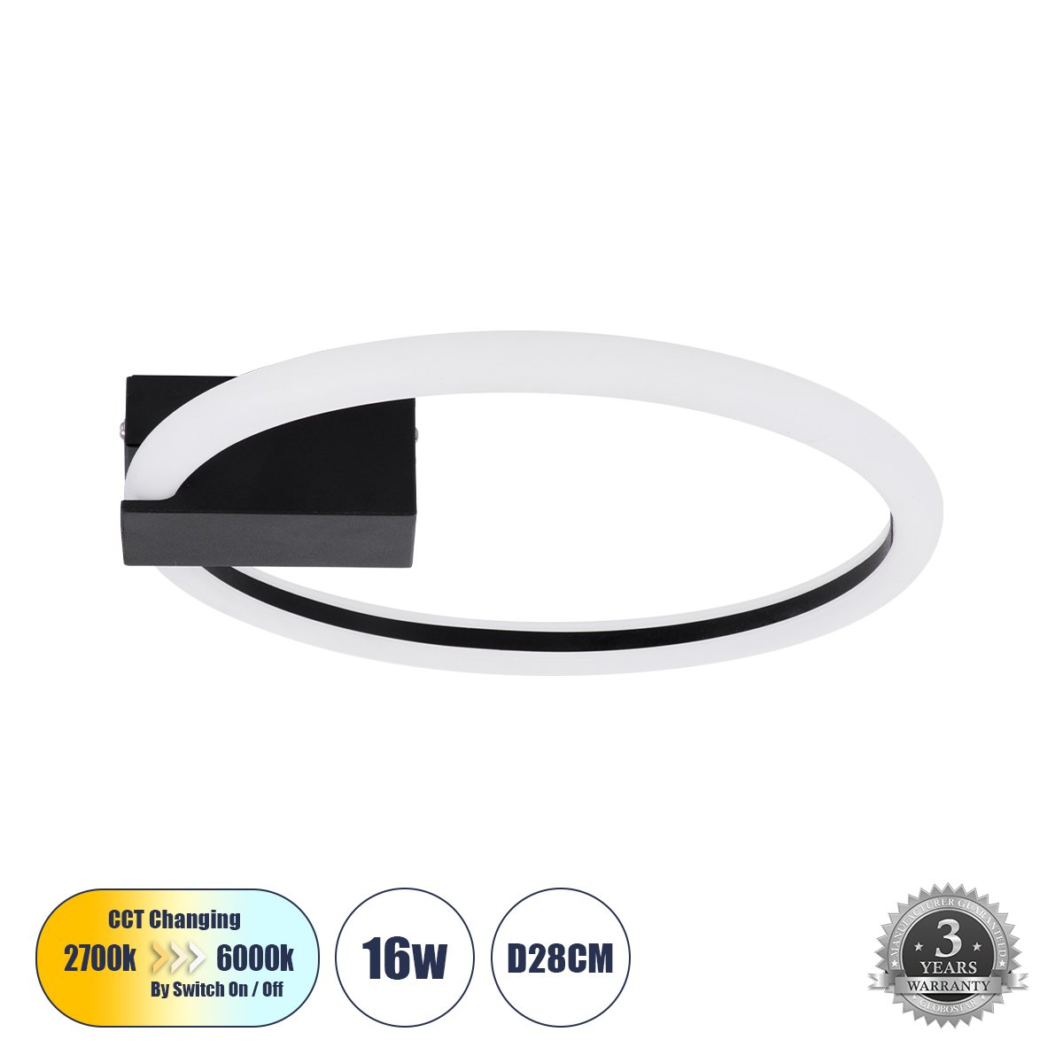 60976_000 GLOBOSTAR® CINDERELLA 60976 Μοντέρνο Φωτιστικό Οροφής LED 16W 1792lm 360° AC 220-240V IP20 Ρυθμιζόμενο Λευκό CCT με On/Off 2700K/4500K/6000K - Lumileds SMD Chip - Μαύρο Ματ - Μ28.5 x Π28.5 x Υ5cm - 3 Χρόνια Εγγύηση - Image 1