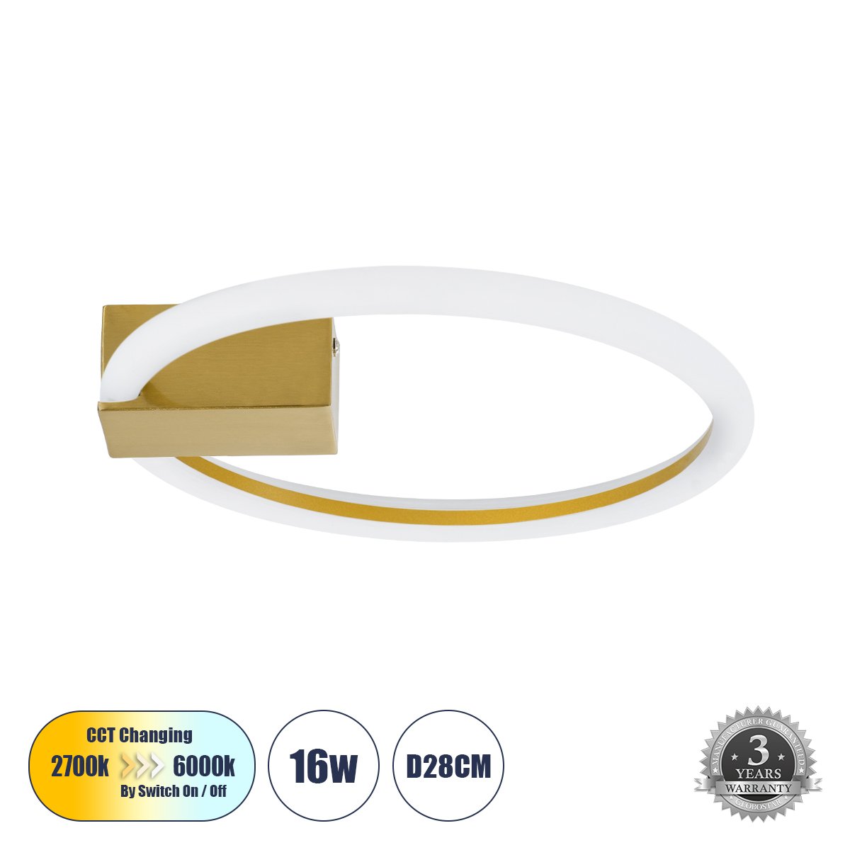 60978_0 GLOBOSTAR® CINDERELLA 60978 Μοντέρνο Φωτιστικό Οροφής LED 16W 1792lm 360° AC 220-240V IP20 Ρυθμιζόμενο Λευκό CCT με On/Off 2700K/4500K/6000K - Lumileds SMD Chip - Χρυσό Βούρτσας - Μ28.5 x Π28.5 x Υ5cm - 3 Χρόνια Εγγύηση - Image 1
