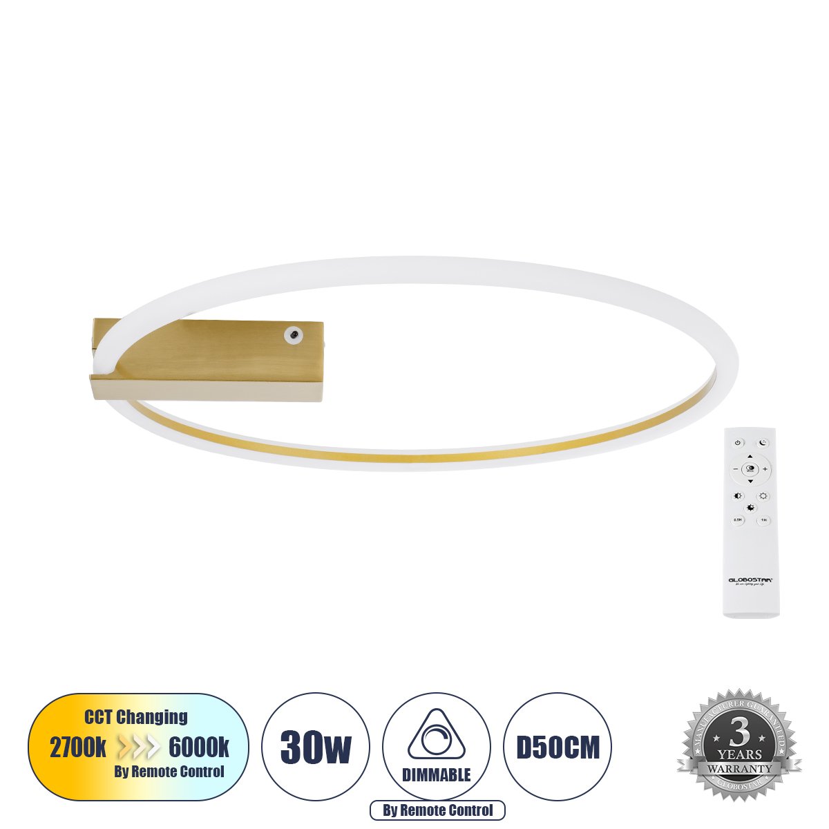 60982_0 GLOBOSTAR® CINDERELLA 60982 Μοντέρνο Φωτιστικό Οροφής LED 30W 3360lm 360° AC 220-240V IP20 Ρυθμιζόμενο Λευκό CCT με Χειριστήριο από 2700K έως 6000K Dimmable - Lumileds SMD Chip - Χρυσό Βούρτσας - Μ50 x Π50 x Υ5cm - 3 Χρόνια Εγγύηση - Image 1