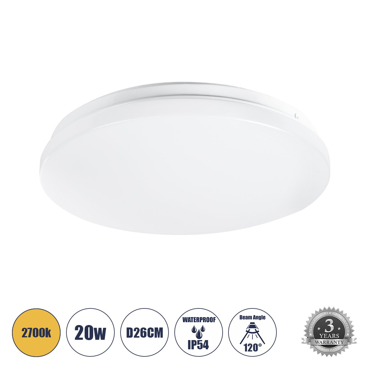 61007_0 GLOBOSTAR® CELANO 61007 Φωτιστικό Πλαφονιέρα Οροφής LED 20W 1800lm 120° AC 220-240V Αδιάβροχο IP54 Θερμό Λευκό 2700K - Lumileds SMD Chip - Λευκό Γαλακτερό - Μ26 x Π26 x Υ6cm - 3 Χρόνια Εγγύηση - Image 1