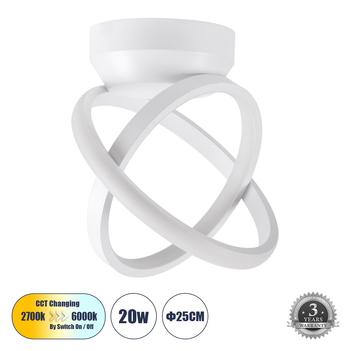 61053_0 GLOBOSTAR® AMELIA 61053 Μοντέρνο Φωτιστικό Οροφής LED 20W 2400lm 300° AC 220-240V IP20 Ρυθμιζόμενο Λευκό CCT με On/Off 2700K/4500K/6000K - Lumileds SMD Chip - Λευκό Ματ - Μ24.5 x Π16 x Υ25cm - 3 Χρόνια Εγγύηση - Image 1