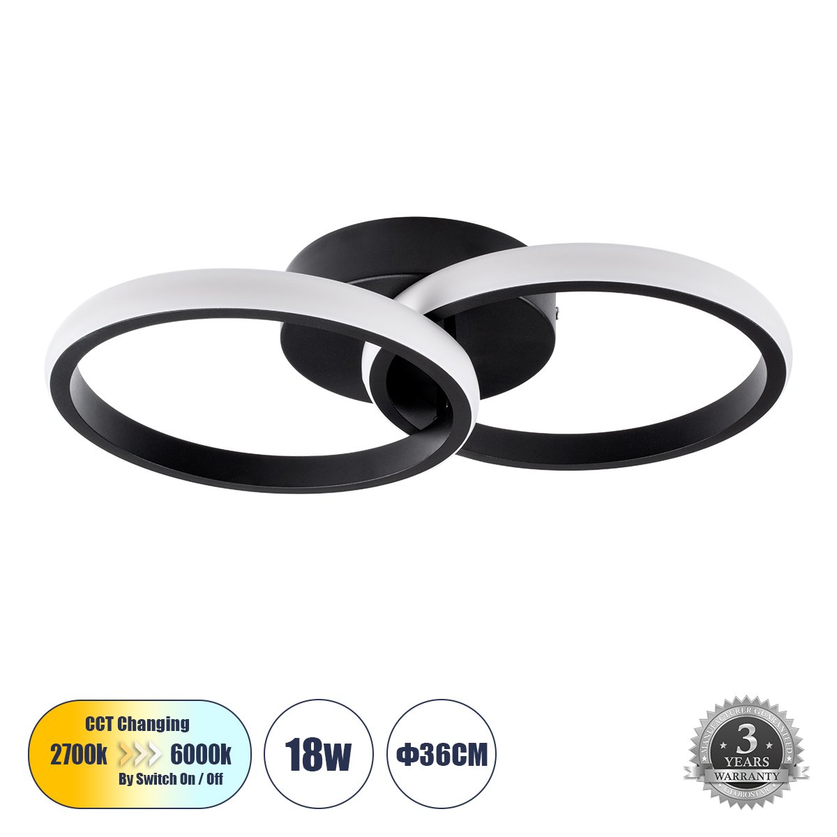 61058_0 GLOBOSTAR® CORA 61058 Μοντέρνο Φωτιστικό Οροφής LED 18W 2160lm 300° AC 220-240V IP20 Ρυθμιζόμενο Λευκό CCT με On/Off 2700K/4500K/6000K - Lumileds SMD Chip - Μαύρο Ματ - Μ36 x Π20.5 x Υ7cm - 3 Χρόνια Εγγύηση - Image 1