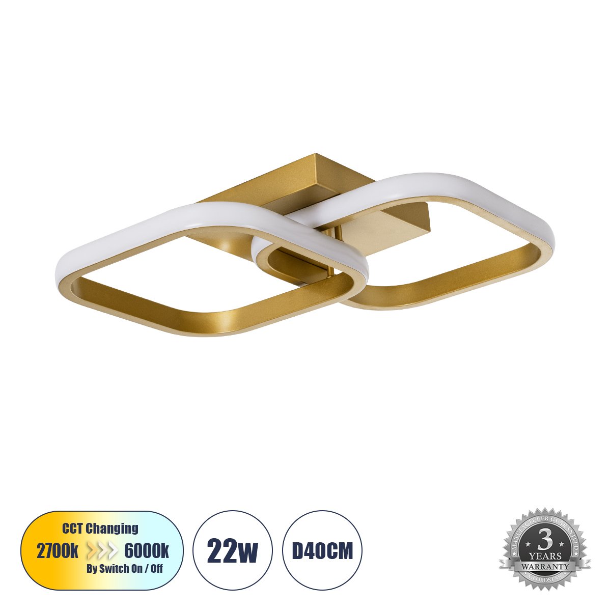 61063_0 GLOBOSTAR® NORA 61063 Μοντέρνο Φωτιστικό Οροφής LED 22W 2640lm 300° AC 220-240V IP20 Ρυθμιζόμενο Λευκό CCT με On/Off 2700K/4500K/6000K - Lumileds SMD Chip - Χρυσό Βούρτσας - Μ40 x Π24 x Υ7cm - 3 Χρόνια Εγγύηση - Image 1
