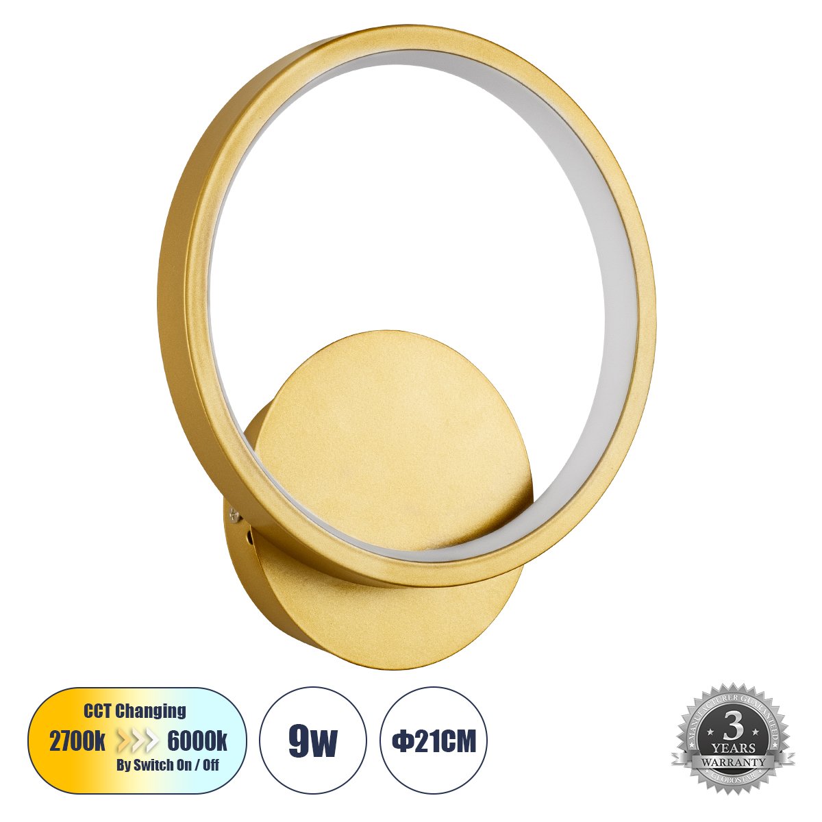 61072_00 GLOBOSTAR® TED 61072 Μοντέρνο Φωτιστικό Τοίχου - Απλίκα LED 9W 1080lm 300° AC 220-240V IP20 Ρυθμιζόμενο Λευκό CCT με On/Off 2700K/4500K/6000K - Lumileds SMD Chip - Χρυσό Βούρτσας - Μ20 x Π5.5 x Υ23cm - 3 Χρόνια Εγγύηση - Image 1