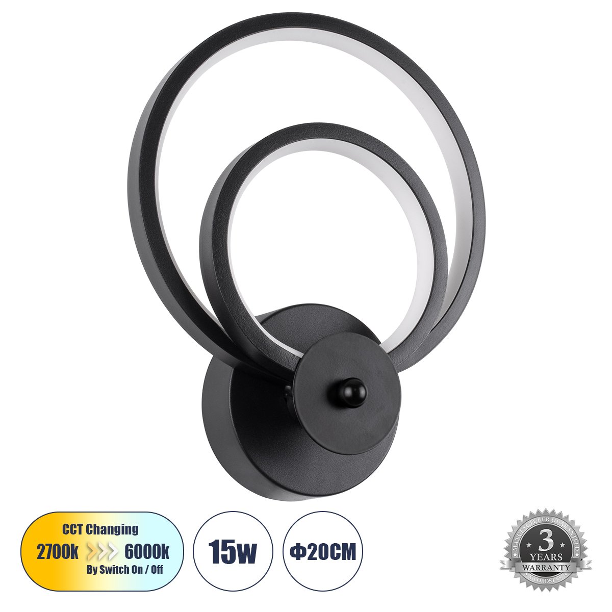 61076_0 GLOBOSTAR® FREDDIE 61076 Μοντέρνο Φωτιστικό Τοίχου - Απλίκα LED 15W 1800lm 300° AC 220-240V IP20 Ρυθμιζόμενο Λευκό CCT με On/Off 2700K/4500K/6000K - Lumileds SMD Chip - Μαύρο Ματ - Μ20 x Π7.5 x Υ25cm - 3 Χρόνια Εγγύηση - Image 1