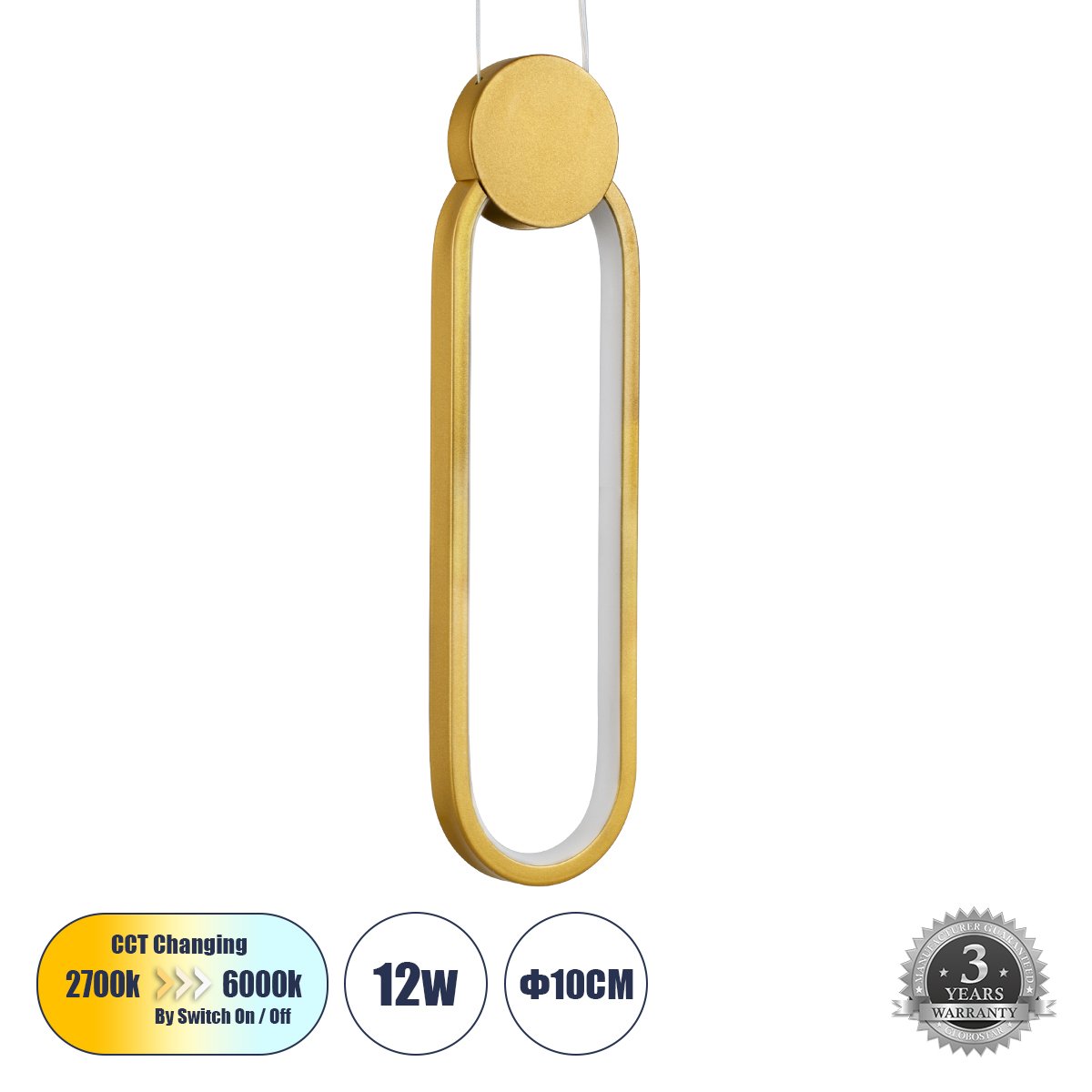 61090_0 GLOBOSTAR® ILDI 61090 Μοντέρνο Κρεμαστό Φωτιστικό Οροφής LED 12W 1440lm 300° AC 220-240V IP20 Ρυθμιζόμενο Λευκό CCT με On/Off 2700K/4500K/6000K - Lumileds SMD Chip - Χρυσό Βούρτσας - Μ10 x Π2.3 x Υ38cm - 3 Χρόνια Εγγύηση - Image 1