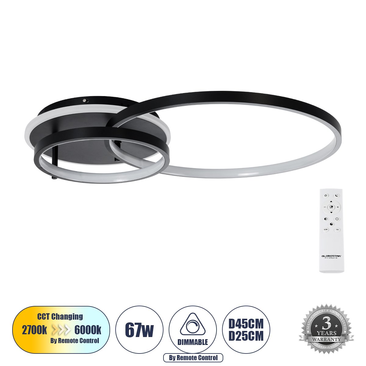 61105_0 GLOBOSTAR® NEMESIS 61105 Μοντέρνο Φωτιστικό Οροφής LED 67W 7573lm 360° AC 220-240V IP20 Ρυθμιζόμενο Λευκό CCT με Χειριστήριο από 2700K έως 6000K Dimmable - Lumileds SMD Chip - Μαύρο Ματ - Μ84 x Π45 x Υ13cm - 3 Χρόνια Εγγύηση - Image 1