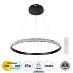 GLOBOSTAR® DIAMOND 61130 Μοντέρνο Κρεμαστό Φωτιστικό Οροφής LED 45W 5230lm 360° AC 220-240V IP20 Ρυθμιζόμενο Λευκό CCT με Χειριστήριο από 2700K έως 6000K Dimmable - Lumileds SMD Chip - Μαυρό Ματ - Μ60 x Π60 x Υ3cm - 3 Χρόνια Εγγύηση