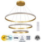 GLOBOSTAR® DIAMOND TRIO 61139 Μοντέρνο Κρεμαστό Φωτιστικό Οροφής LED 120W 14723lm 360° AC 220-240V IP20 Ρυθμιζόμενο Λευκό CCT με Χειριστήριο από 2700K έως 6000K Dimmable - Lumileds SMD Chip - Χρυσό Βούρτσας - Μ80 x Π80 x Υ80cm - 3 Χρόνια Εγγύηση
