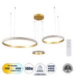 GLOBOSTAR® DIAMOND TRIO 61143 Μοντέρνο Κρεμαστό Φωτιστικό Οροφής LED 100W 12123lm 360° AC 220-240V IP20 Ρυθμιζόμενο Λευκό CCT με Χειριστήριο από 2700K έως 6000K Dimmable - Lumileds SMD Chip - Χρυσό Βούρτσας - Μ110 x Π110 x Υ60cm - 3 Χρόνια Εγγύηση
