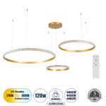 GLOBOSTAR® DIAMOND TRIO 61145 Μοντέρνο Κρεμαστό Φωτιστικό Οροφής LED 120W 14723lm 360° AC 220-240V IP20 Ρυθμιζόμενο Λευκό CCT με Χειριστήριο από 2700K έως 6000K Dimmable - Lumileds SMD Chip - Χρυσό Βούρτσας - Μ150 x Π150 x Υ60cm - 3 Χρόνια Εγγύηση