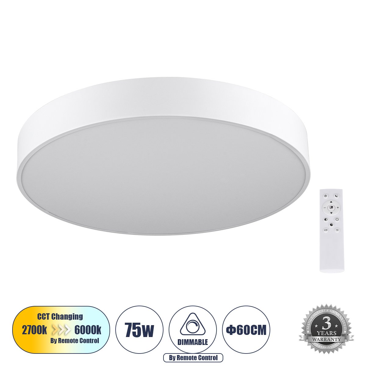 61203_ceiling_0 GLOBOSTAR® BURTON 61203-S Μοντέρνο Φωτιστικό Οροφής LED 75W 8625lm 120° AC 220-240V IP20 Ρυθμιζόμενο Λευκό CCT με Χειριστήριο από 2700K έως 6000K Dimmable - Lumileds SMD Chip - Λευκό Ματ - Μ60 x Π60 x Υ8cm - 3 Χρόνια Εγγύηση - Image 1