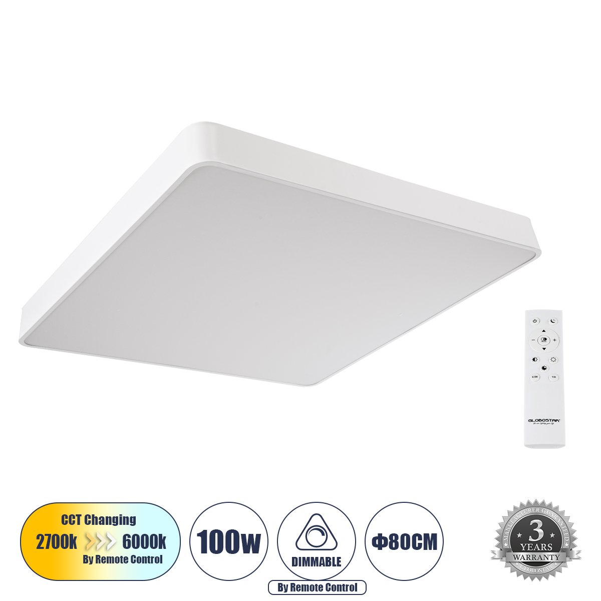 61211_1_0 GLOBOSTAR® KAMALA 61211-S Μοντέρνο Φωτιστικό Οροφής LED 100W 11020lm 120° AC 220-240V IP20 Ρυθμιζόμενο Λευκό CCT με Χειριστήριο από 2700K έως 6000K Dimmable - Lumileds SMD Chip - Λευκό Ματ - Μ80 x Π80 x Υ8cm - 3 Χρόνια Εγγύηση - Image 1