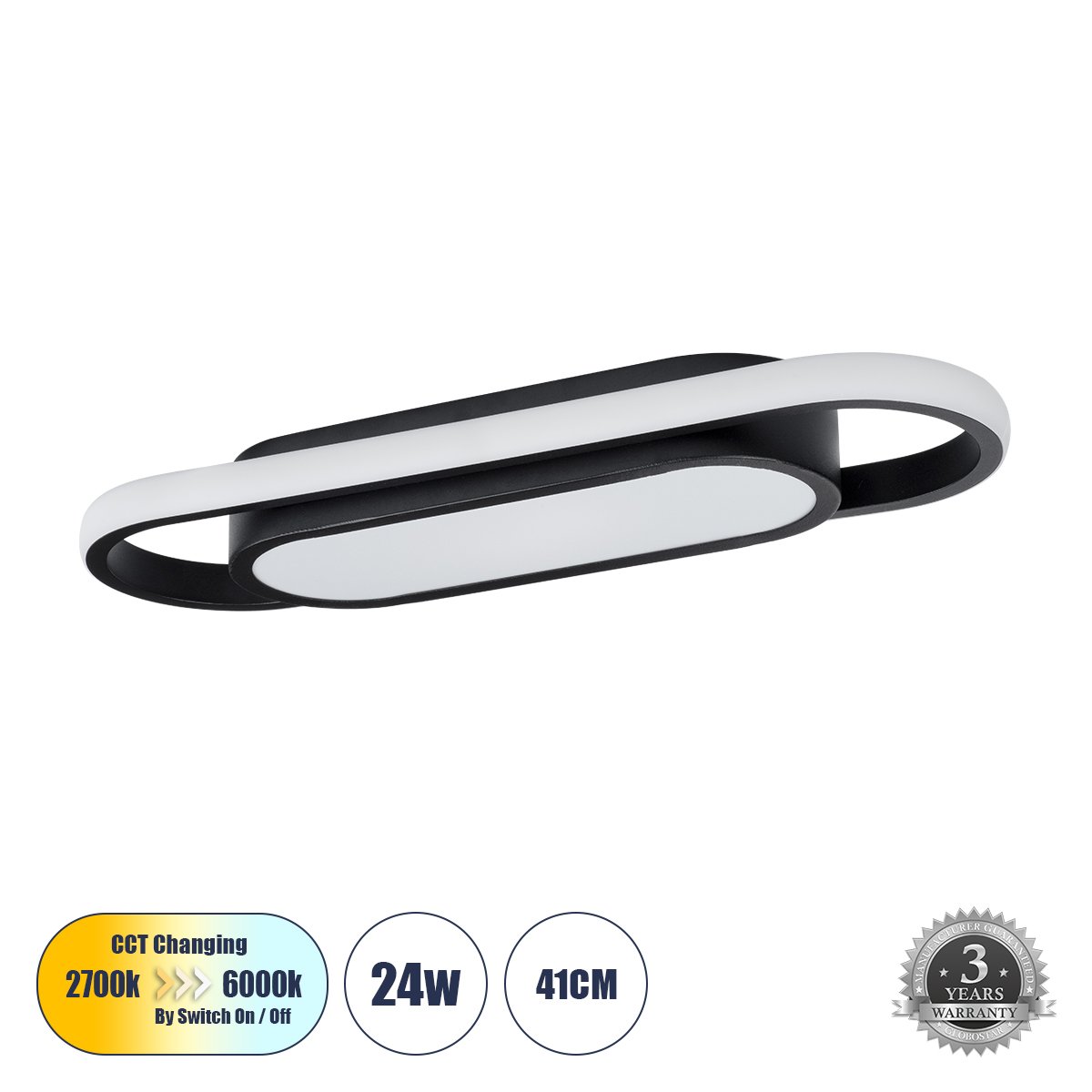 61216_0 GLOBOSTAR® IGOR 61216 Μοντέρνο Φωτιστικό Οροφής LED 24W 2880lm 210° AC 220-240V IP20 Ρυθμιζόμενο Λευκό CCT με On/Off 2700K/4500K/6000K - Lumileds SMD Chip - Μαύρο Ματ - Μ41 x Π13 x Υ4.5cm - 3 Χρόνια Εγγύηση - Image 1