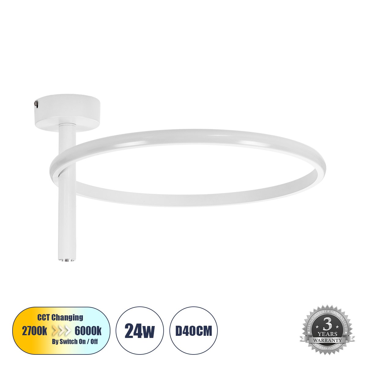 61221_0 GLOBOSTAR® VERONA 61221 Μοντέρνο Φωτιστικό Οροφής LED 24W 2688lm 360° AC 220-240V IP20 Ρυθμιζόμενο Λευκό CCT με On/Off 2700K/4500K/6000K - Lumileds SMD Chip - Λευκό Ματ - Μ40 x Π40 x Υ23cm - 3 Χρόνια Εγγύηση - Image 1
