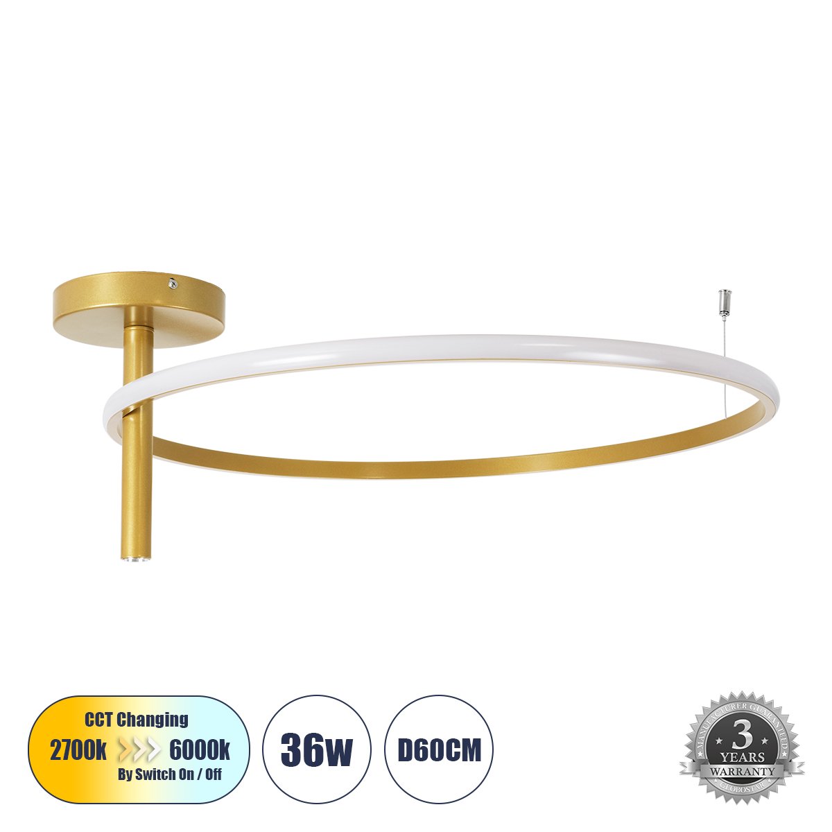 61225_0 GLOBOSTAR® VERONA 61225 Μοντέρνο Φωτιστικό Οροφής LED 36W 4032lm 360° AC 220-240V IP20 Ρυθμιζόμενο Λευκό CCT με On/Off 2700K/4500K/6000K - Lumileds SMD Chip - Χρυσό Βούρτσας - Μ60 x Π60 x Υ23cm - 3 Χρόνια Εγγύηση - Image 1
