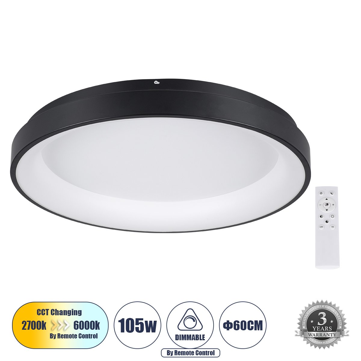 61237_0 GLOBOSTAR® SALEM 61237 Μοντέρνο Φωτιστικό Οροφής LED 105W 12075lm 120° AC 220-240V IP20 Ρυθμιζόμενο Λευκό CCT με Χειριστήριο από 2700K έως 6000K Dimmable - Lumileds SMD Chip - Μαύρο Ματ - Μ60 x Π60 x Υ8.5cm - 3 Χρόνια Εγγύηση - Image 1