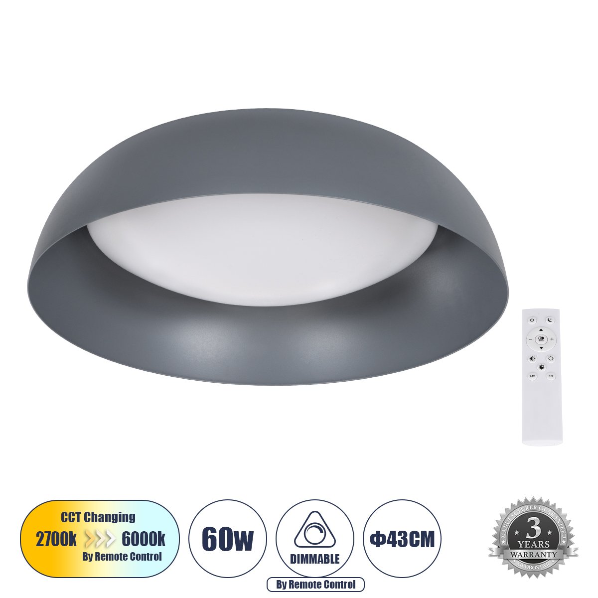 61262_0 GLOBOSTAR® ANATOLIA 61262 Μοντέρνο Φωτιστικό Οροφής LED 60W 6900lm 120° AC 220-240V IP20 Ρυθμιζόμενο Λευκό CCT με Χειριστήριο από 2700K έως 6000K Dimmable - Lumileds SMD Chip - Γκρι - Μ43 x Π43 x Υ11cm - 3 Χρόνια Εγγύηση - Image 1
