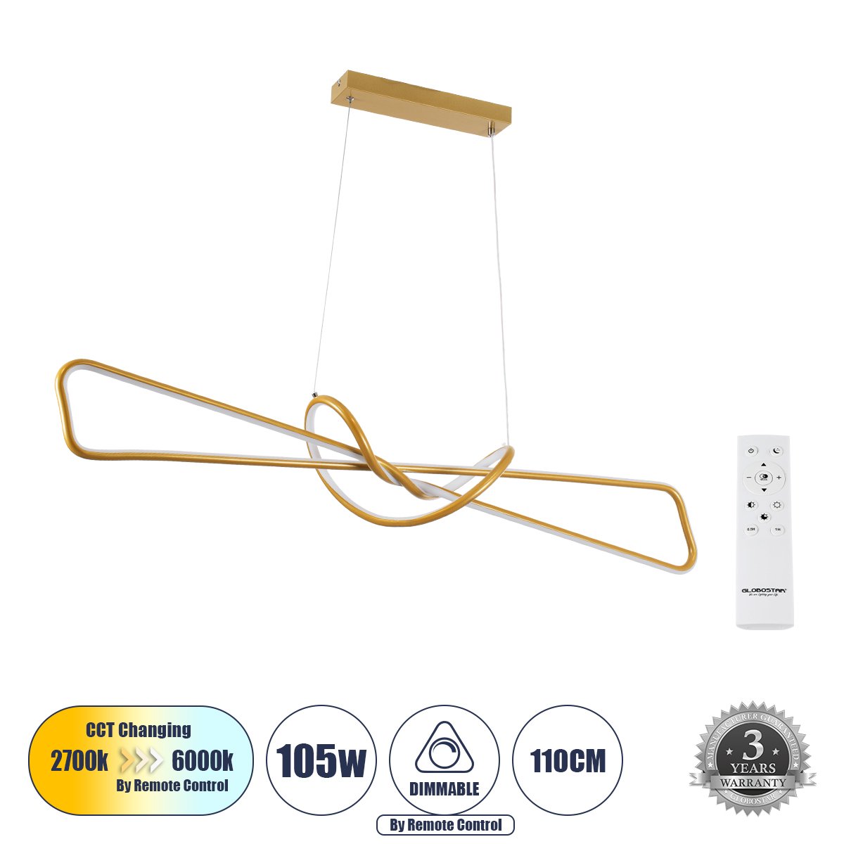 61282_0 GLOBOSTAR® DOLORES 61282 Μοντέρνο Κρεμαστό Φωτιστικό Οροφής LED 105W 11760lm 300° AC 220-240V IP20 Ρυθμιζόμενο Λευκό CCT με Χειριστήριο από 2700K έως 6000K Dimmable - Lumileds SMD Chip - Χρυσό Βούρτσας - Μ110 x Π17 x Υ17.5cm - 3 Χρόνια Εγγύηση - Image 1