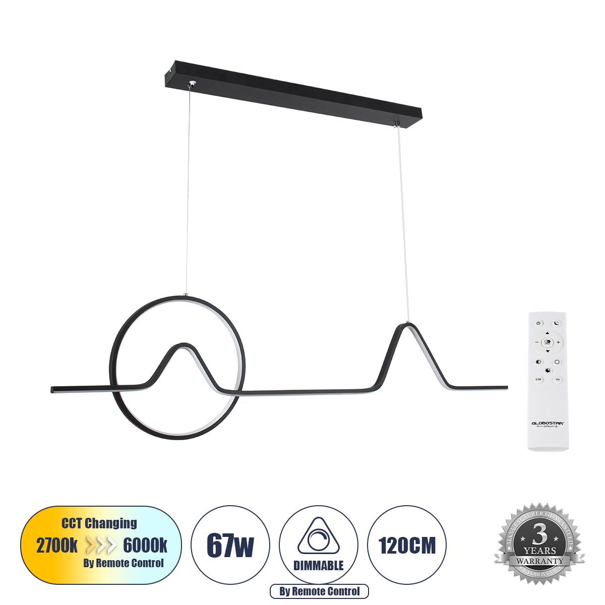 61292_0 GLOBOSTAR® WINDY 61292 Μοντέρνο Κρεμαστό Φωτιστικό Οροφής LED 67W 7504lm 300° AC 220-240V IP20 Ρυθμιζόμενο Λευκό CCT με Χειριστήριο από 2700K έως 6000K Dimmable - Lumileds SMD Chip - Μαύρο Ματ - Μ120 x Π4 x Υ30cm - 3 Χρόνια Εγγύηση - Image 1