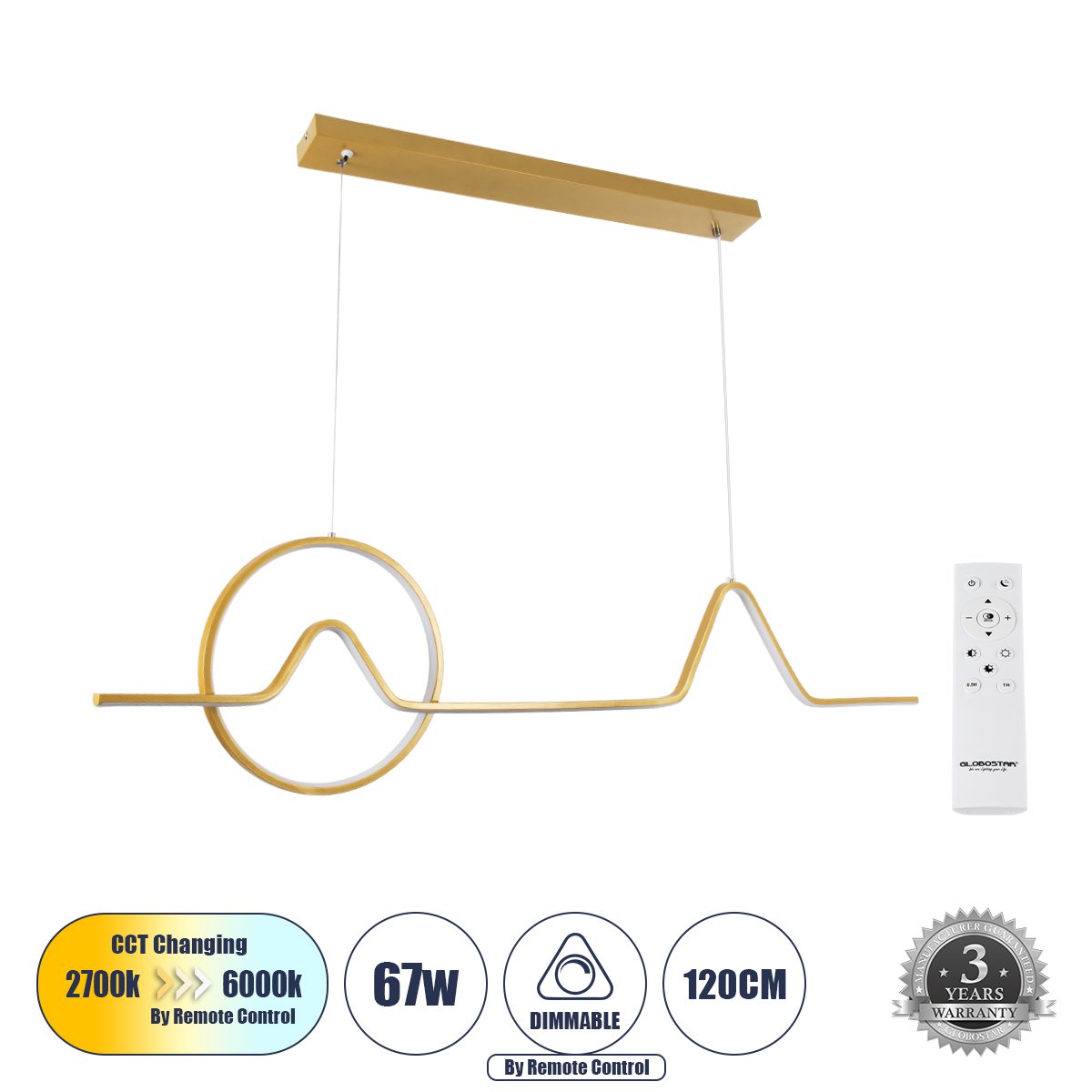 61293_0 GLOBOSTAR® WINDY 61293 Μοντέρνο Κρεμαστό Φωτιστικό Οροφής LED 67W 7504lm 300° AC 220-240V IP20 Ρυθμιζόμενο Λευκό CCT με Χειριστήριο από 2700K έως 6000K Dimmable - Lumileds SMD Chip - Χρυσό Βούρτσας - Μ120 x Π4 x Υ30cm - 3 Χρόνια Εγγύηση - Image 1