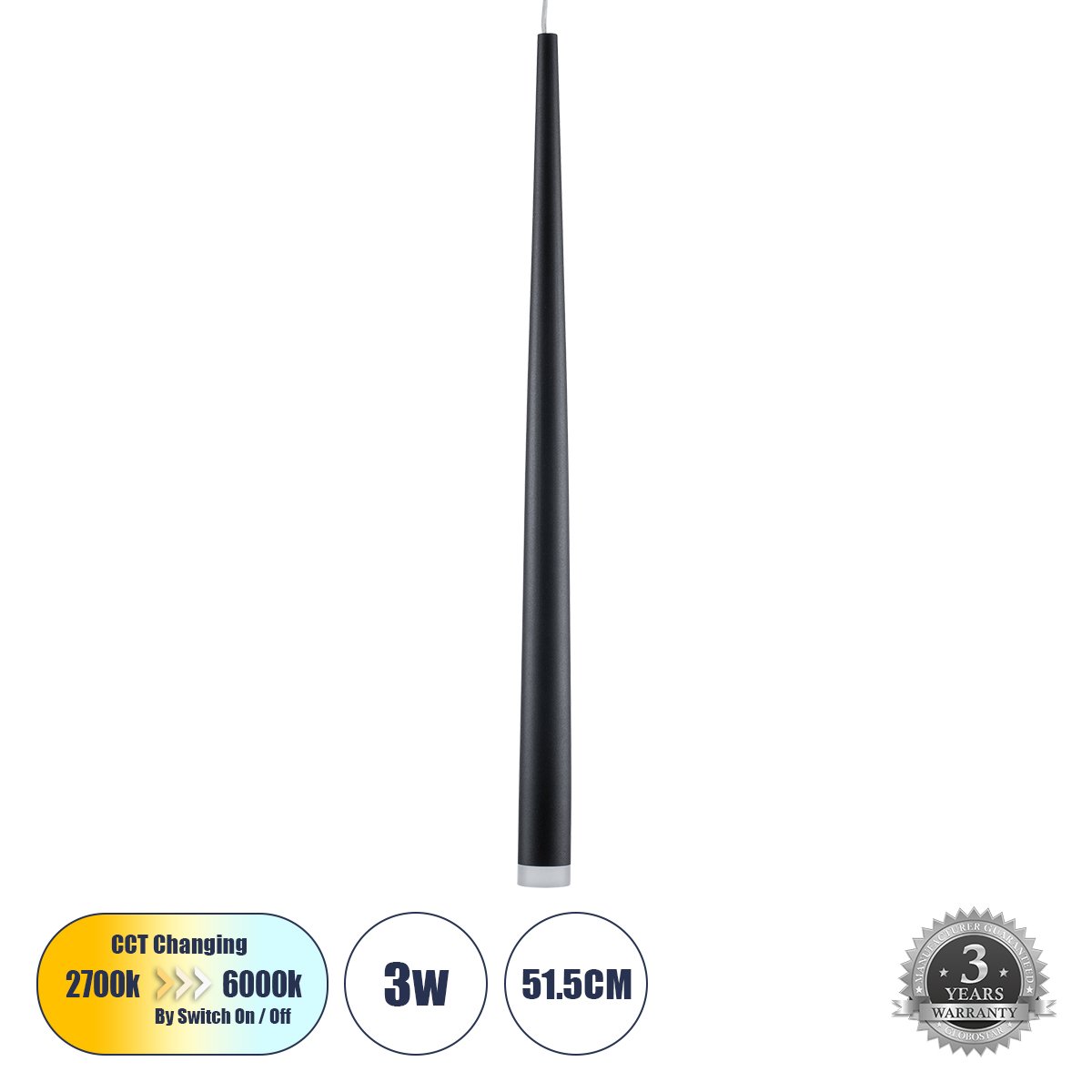 61309_00 GLOBOSTAR® TEARS 61309 Μοντέρνο Κρεμαστό Φωτιστικό Οροφής LED 3W 330lm 180° AC 220-240V IP20 Ρυθμιζόμενο Λευκό CCT με Χειριστήριο από 2700K έως 6000K Dimmable - Lumileds SMD Chip - Μαύρο Ματ - Μ3.2 x Π3.2 x Υ51.5cm - 3 Χρόνια Εγγύηση - Image 1