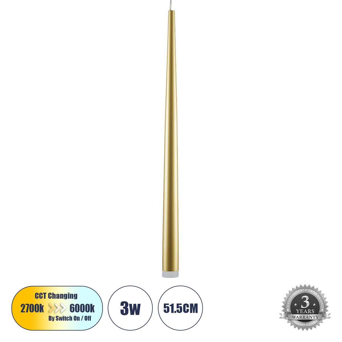 61310_00 GLOBOSTAR® TEARS 61310 Μοντέρνο Κρεμαστό Φωτιστικό Οροφής LED 3W 330lm 180° AC 220-240V IP20 Ρυθμιζόμενο Λευκό CCT με On/Off 2700K/4500K/6000K - Lumileds SMD Chip - Χρυσό Βούρτσας - Μ3.2 x Π3.2 x Υ51.5cm - 3 Χρόνια Εγγύηση - Image 1