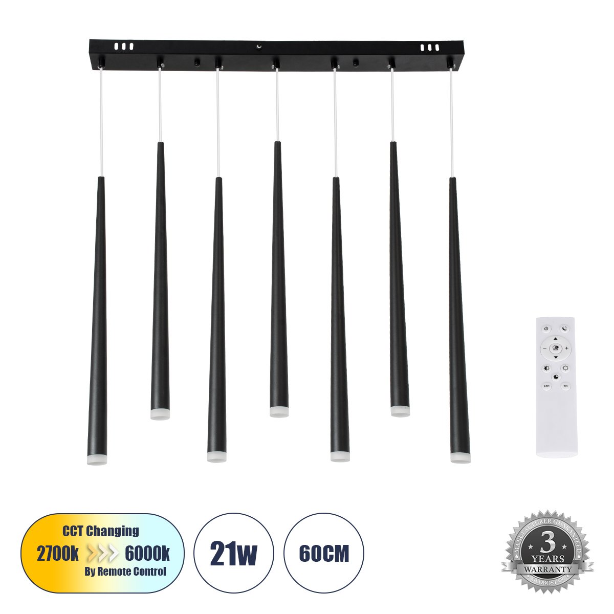 61311_0 GLOBOSTAR® TEARS 61311 Μοντέρνο Κρεμαστό Φωτιστικό Οροφής LED 21W 2310lm 180° AC 220-240V IP20 Ρυθμιζόμενο Λευκό CCT με Χειριστήριο από 2700K έως 6000K Dimmable - Lumileds SMD Chip - Μαύρο Ματ - Μ70 x Π3.2 x Υ60cm - 3 Χρόνια Εγγύηση - Image 1