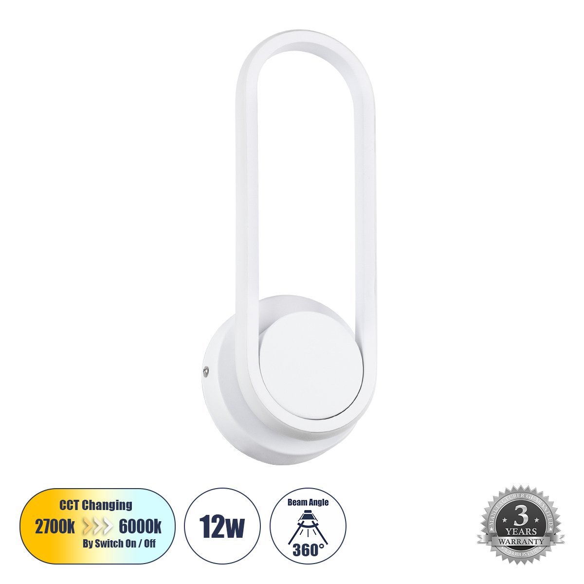 61346_0 GLOBOSTAR® DALLAS 61346 Μοντέρνο Φωτιστικό Τοίχου - Απλίκα LED 12W 1440lm 360° AC 220-240V IP20 Ρυθμιζόμενο Λευκό CCT με On/Off 2700K/4500K/6000K - Lumileds SMD Chip - Λευκό Ματ - Μ12 x Π6.5 x Υ32cm - 3 Χρόνια Εγγύηση - Image 1