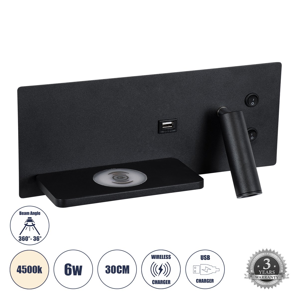 61351_0 GLOBOSTAR® PALADIN 61351 Μοντέρνο Φωτιστικό Τοίχου - Απλίκα Ξενοδοχείου Reading Light με Φορτιστή USB 3A & Wireless 20W LED 6W 720lm 36° & 360° AC 220-240V IP20 Φυσικό Λευκό 4500K - Bridgelux COB Chip & TÜV SÜD Driver - Μαύρο Ματ - Μ30 x Π11 x Υ12cm - 3 Χρόνια Εγγύηση - Image 1