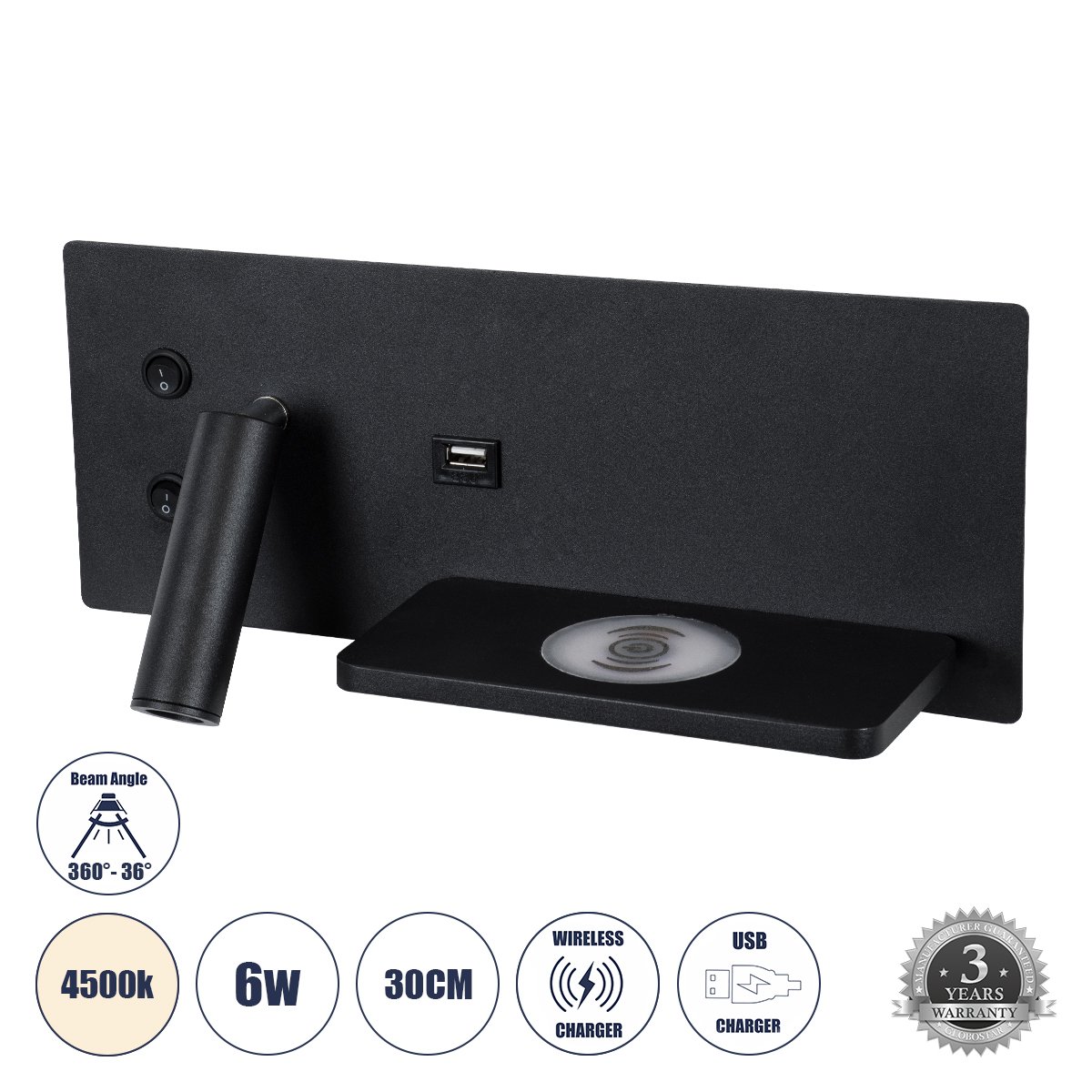 61352_0 GLOBOSTAR® PALADIN 61352 Μοντέρνο Φωτιστικό Τοίχου - Απλίκα Ξενοδοχείου Reading Light με Φορτιστή USB 3A & Wireless 20W LED 6W 720lm 36° & 360° AC 220-240V IP20 Φυσικό Λευκό 4500K - Bridgelux COB Chip & TÜV SÜD Driver - Μαύρο Ματ - Μ30 x Π11 x Υ12cm - 3 Χρόνια Εγγύηση - Image 1