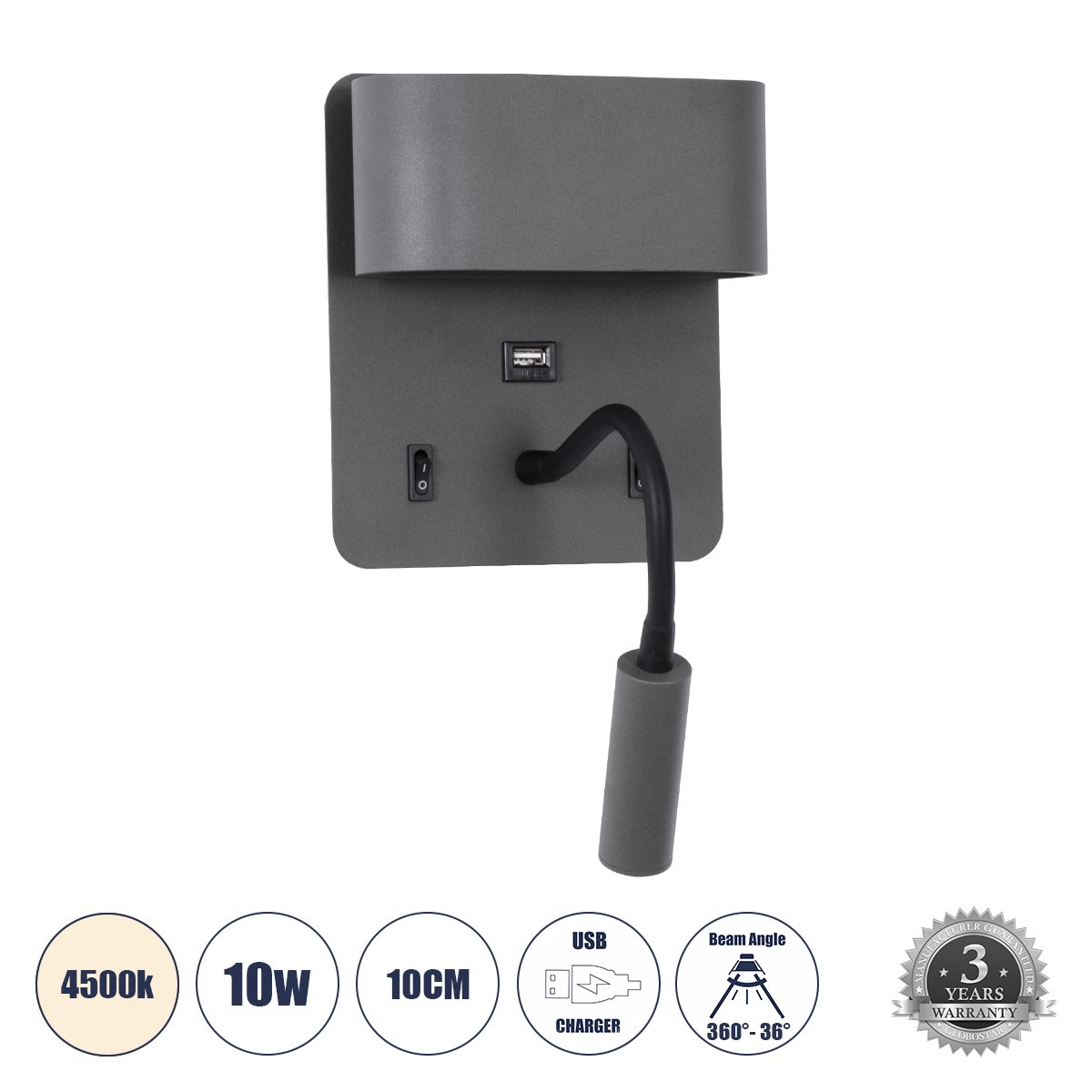 61369_0 GLOBOSTAR® IBIS 61369 Μοντέρνο Φωτιστικό Τοίχου - Απλίκα Ξενοδοχείου Reading Light με Φορτιστή USB 3A LED 10W 1100lm 36° & 360° AC 220-240V IP20 Φυσικό Λευκό 4500K - Bridgelux COB Chip & TÜV SÜD Driver - Γκρι Ανθρακί Ματ - Μ10 x Π6.1 x Υ18cm - 3 Χρόνια Εγγύηση - Image 1