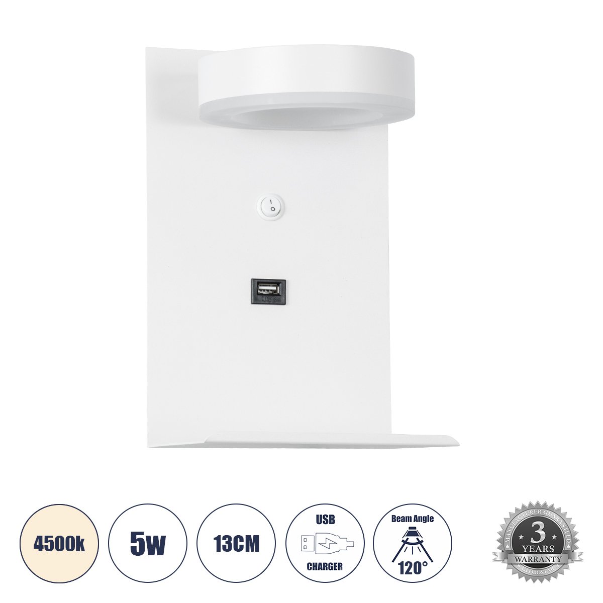 61371_0 GLOBOSTAR® CROWN 61371 Μοντέρνο Φωτιστικό Τοίχου - Απλίκα Ξενοδοχείου Reading Light με Φορτιστή USB 3A LED 5W 550lm 120° AC 220-240V IP20 Φυσικό Λευκό 4500K - Bridgelux COB Chip & TÜV SÜD Driver - Λευκό Ματ - Μ15 x Π15 x Υ23cm - 3 Χρόνια Εγγύηση - Image 1