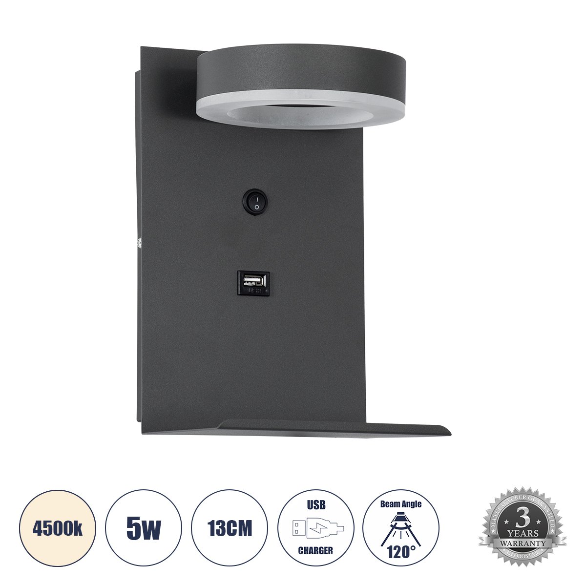 61372_0 GLOBOSTAR® CROWN 61372 Μοντέρνο Φωτιστικό Τοίχου - Απλίκα Ξενοδοχείου Reading Light με Φορτιστή USB 3A LED 5W 550lm 120° AC 220-240V IP20 Φυσικό Λευκό 4500K - Bridgelux COB Chip & TÜV SÜD Driver - Γκρι Ανθρακί Ματ - Μ15 x Π15 x Υ23cm - 3 Χρόνια Εγγύηση - Image 1