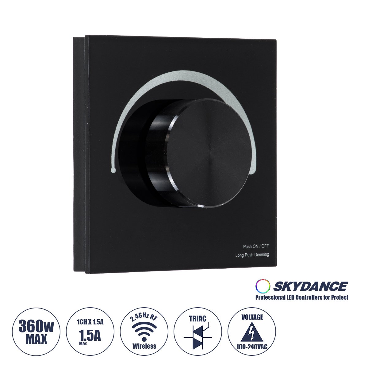 71455_0 GloboStar® 71455 S1-K SKYDANCE AC Smart RF 2.4Ghz & Ροοστάτη - Push ON/OFF Triac Dimming AC100-240V σε AC100-240V 1 x 1.5A 360W - Max 1.5A 360W - IP20 - Μαύρο Σώμα - Μ8.5 x Π8.5 x Υ5cm - 5 Years Warranty - Image 1