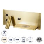 GLOBOSTAR® PALADIN 61358 Μοντέρνο Φωτιστικό Τοίχου - Απλίκα Ξενοδοχείου Reading Light με Φορτιστή USB 3A & Wireless 20W LED 6W 720lm 36° & 360° AC 220-240V IP20 Φυσικό Λευκό 4500K - Bridgelux COB Chip & TÜV SÜD Driver - Χρυσό Βούρτσας - Μ30 x Π11 x Υ12cm - 3 Χρόνια Εγγύηση - Image 2