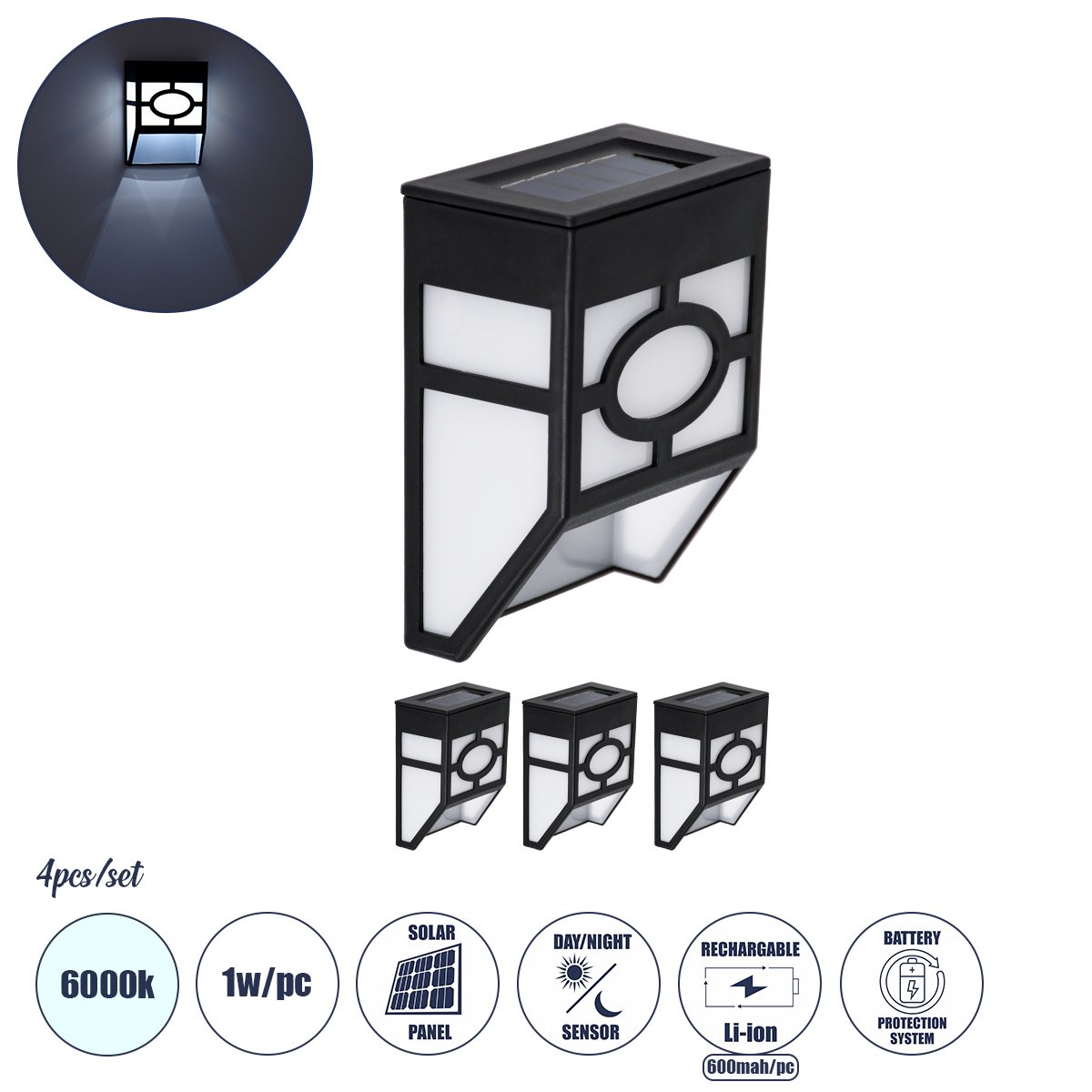 85708_00 GloboStar® 85708 ΣΕΤ 4 Τεμαχίων Αυτόνομα Ηλιακά Φωτιστικά Τοίχου Μαύρα-Λευκά LED SMD 1W 100lm με Ενσωματωμένη Μπαταρία 600mAh - Φωτοβολταϊκό Πάνελ με Αισθητήρα Ημέρας-Νύχτας Αδιάβροχα IP65 Ψυχρό Λευκό 6000K - Image 1